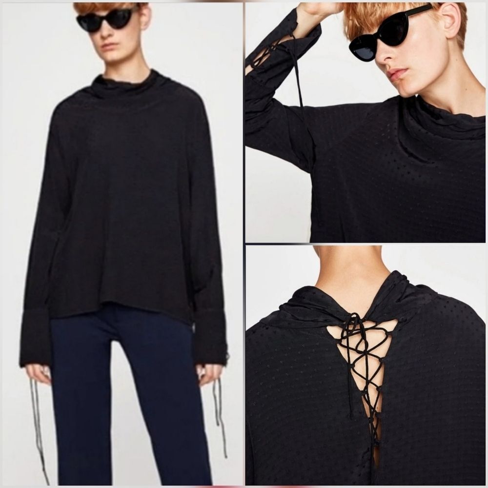 🍑NWT Zara Black Jacquard Star Premium Collection Long Sleeve Top Large